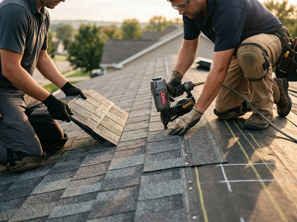Professional roofer working on a residential roof in Coweta